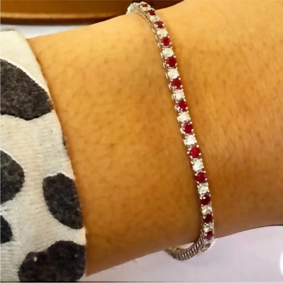 Tennis Bracelet with Simulate Ruby Gemstones and CZ Diamonds 14K Gold/Sterling - Picture 1 of 11